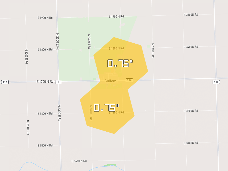 Hail map of Cullom, IL on Jun 6, 2026, hail up to 0.75"