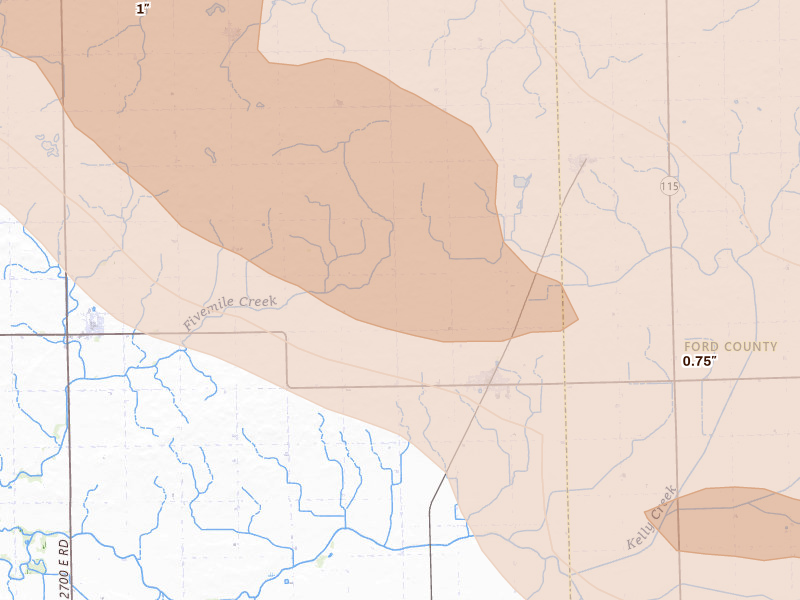 Radar-estimated hail-size map of the storm over Cullom, IL on Aug 9, 2026