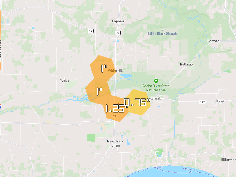 Hail map of Cypress, IL on Jun 1, 2026, hail up to 1.25"