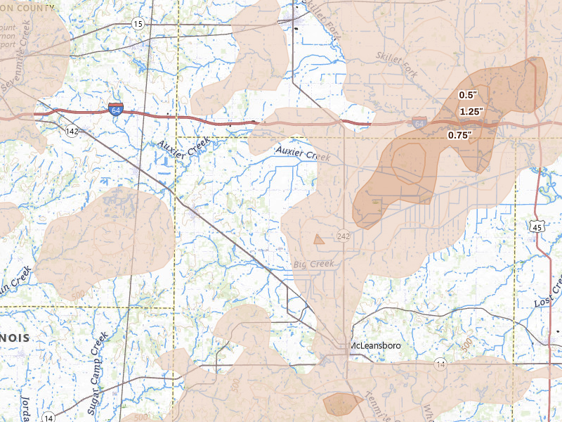 Radar-estimated hail-size map of the storm over Dahlgren, IL on Apr 27, 2026