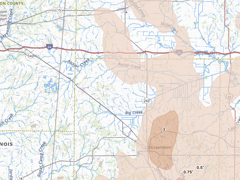 Radar-estimated hail-size map of the storm over Dahlgren, IL on Jul 26, 2026