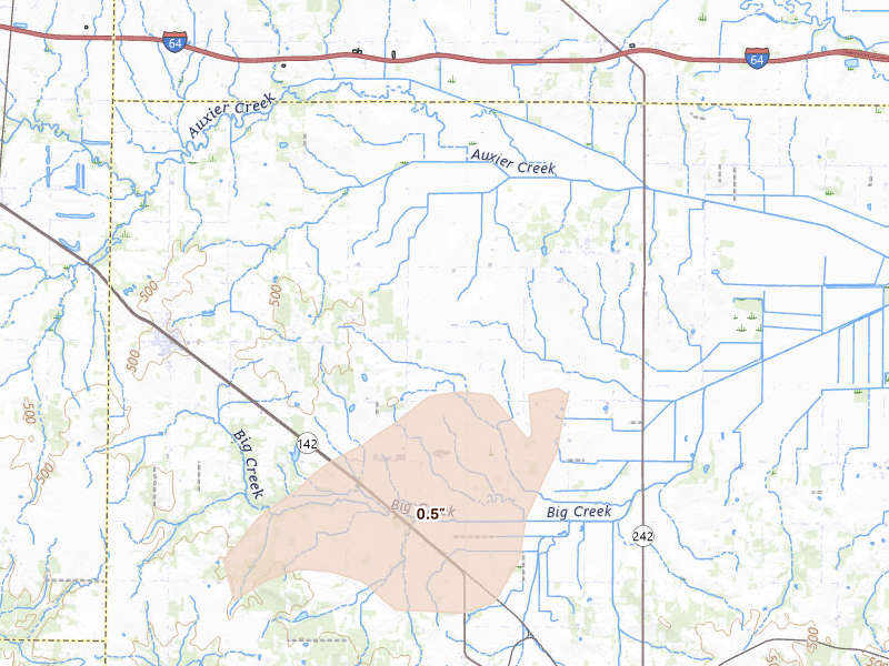 Radar-estimated hail-size map of the storm over Dahlgren, IL on Aug 16, 2026
