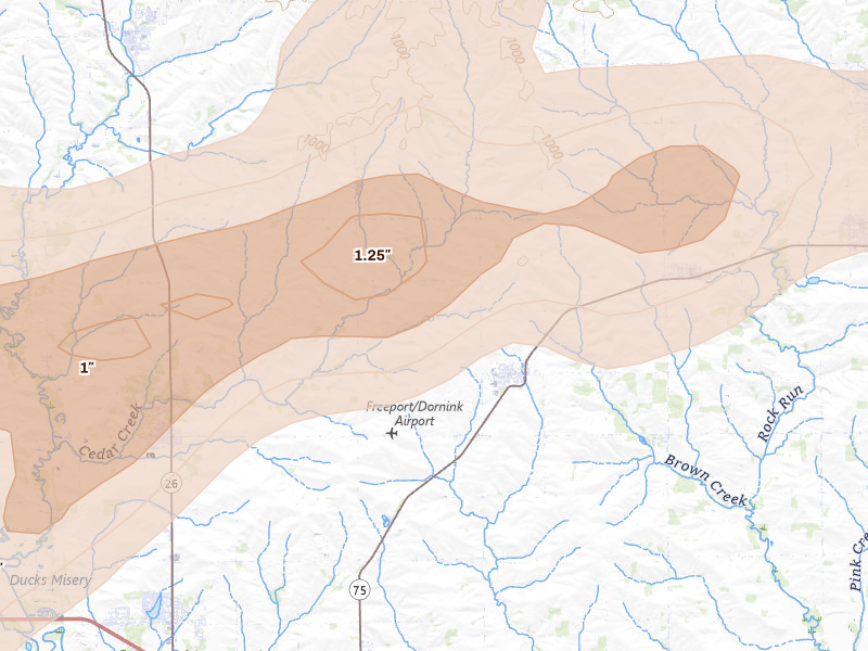 Radar-estimated hail-size map of the storm over Dakota, IL on Mar 10, 2026