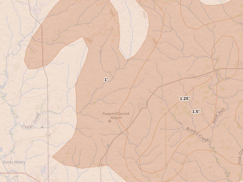 Radar-estimated hail-size map of the storm over Dakota, IL on Apr 17, 2026
