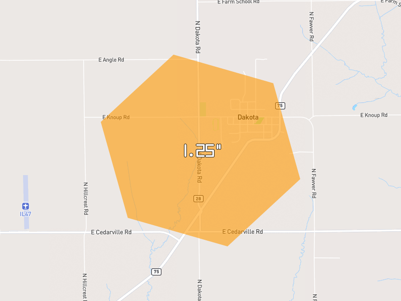 Hail map of Dakota, IL on Jul 3, 2026, hail up to 1.25"