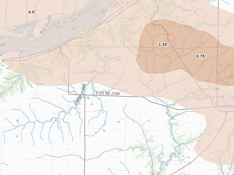 Radar-estimated hail-size map of the storm over Dallas City, IL on May 4, 2026