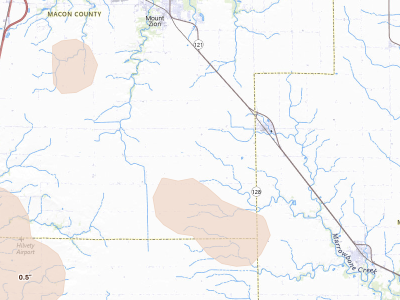 Radar-estimated hail-size map of the storm over Dalton City, IL on Aug 21, 2026
