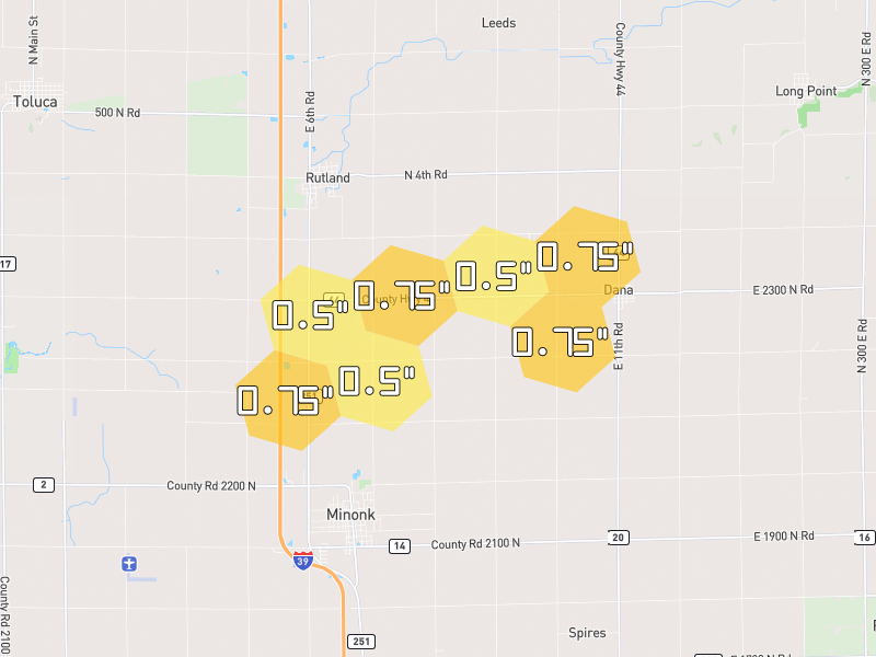 Hail map of Dana, IL on Jun 6, 2026, hail up to 0.75"