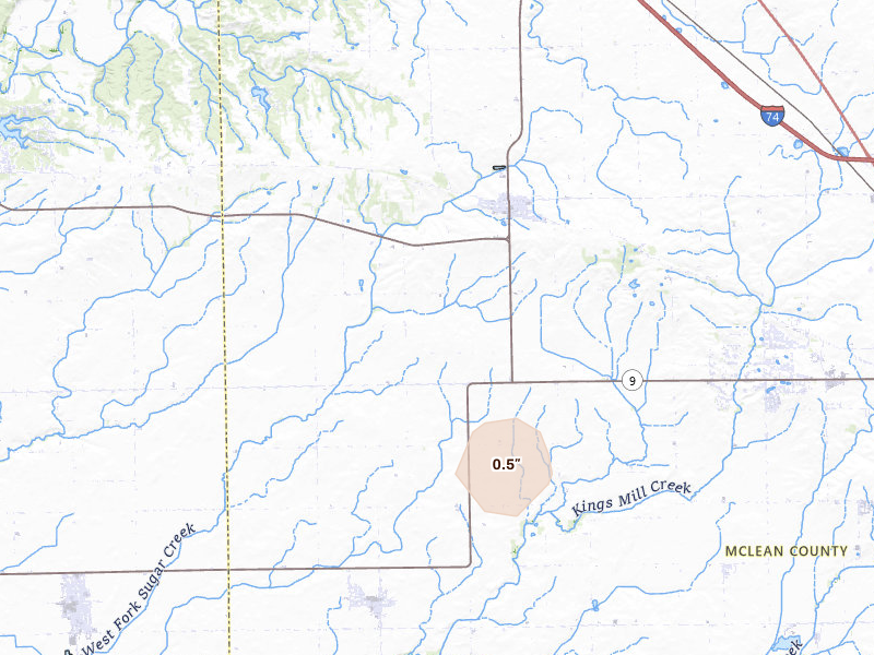 Radar-estimated hail-size map of the storm over Danvers, IL on Jun 24, 2026
