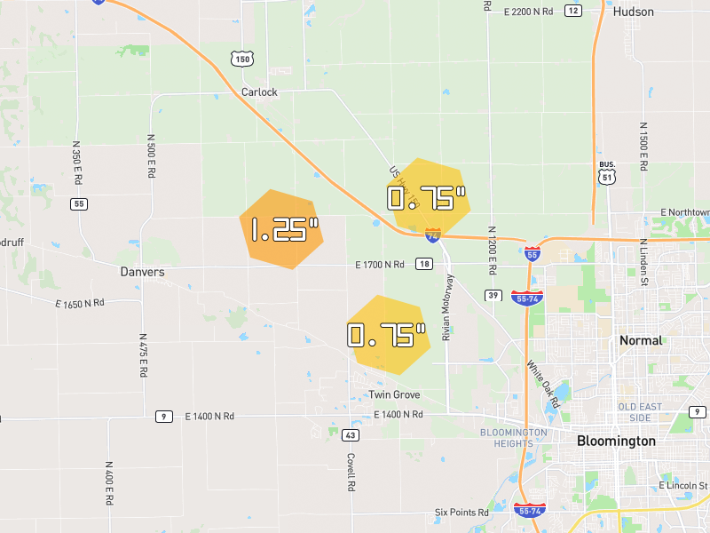 Hail map of Danvers, IL on Jul 4, 2026, hail up to 1.25"