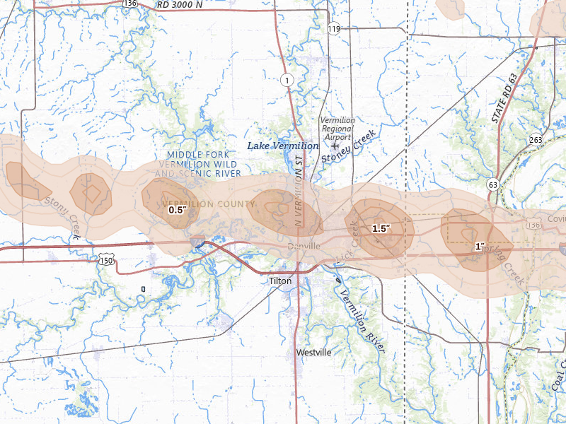Radar-estimated hail-size map of the storm over Danville, IL on Mar 26, 2026