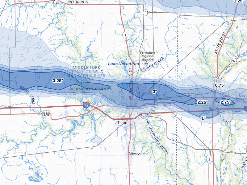 NEXRAD radar-signature map of the hail over Danville, IL