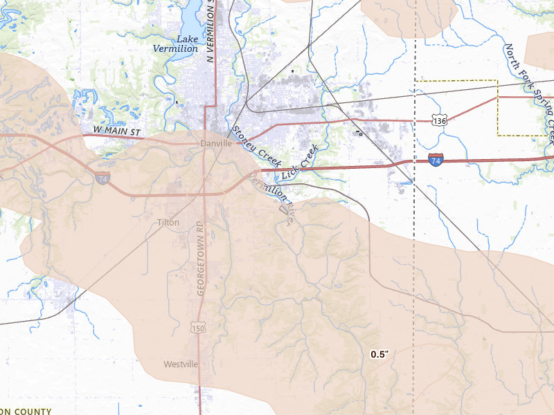 Radar-estimated hail-size map of the storm over Danville, IL on Aug 11, 2026