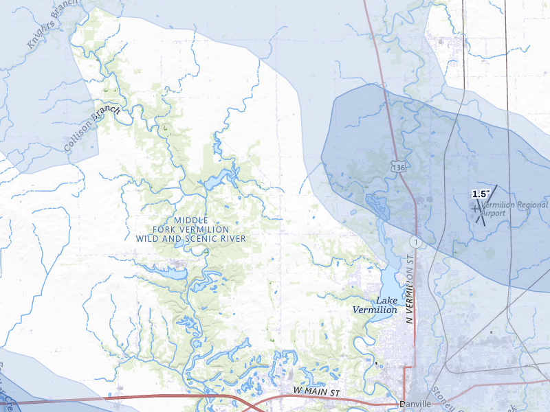 NEXRAD radar-signature map of the hail storm over Danville, IL on Aug 11, 2026