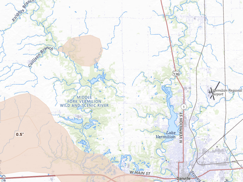 Radar-estimated hail-size map of the storm over Danville, IL on Aug 13, 2026