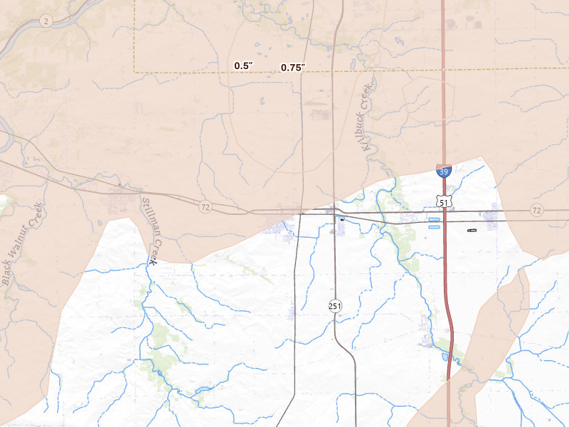 Radar-estimated hail-size map of the storm over Davis Junction, IL on Jun 10, 2026