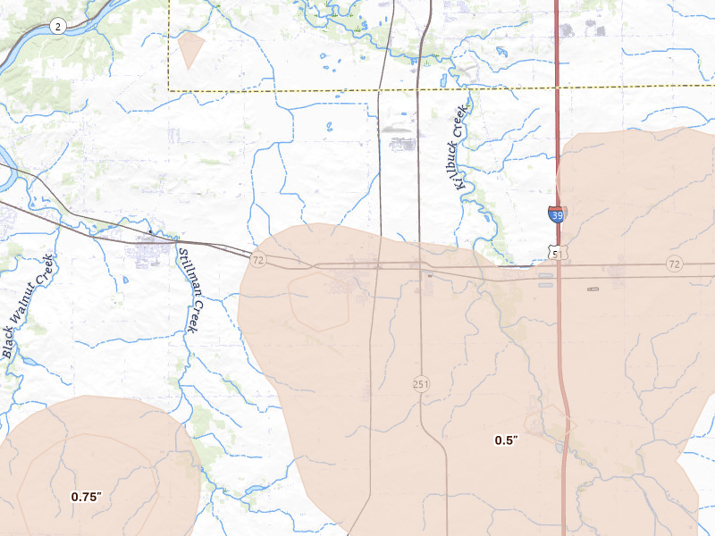 Radar-estimated hail-size map of the storm over Davis Junction, IL on Jun 11, 2026