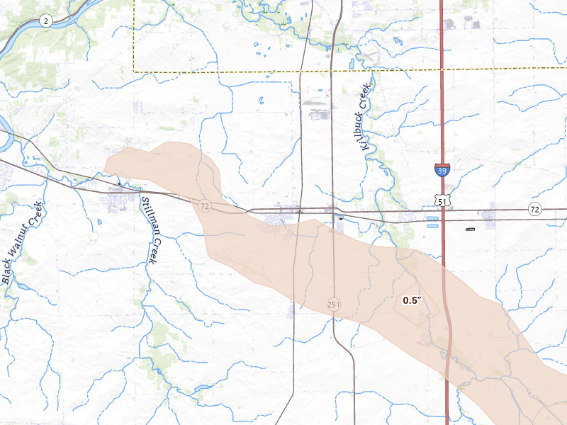 Radar-estimated hail-size map of the storm over Davis Junction, IL on Jun 24, 2026