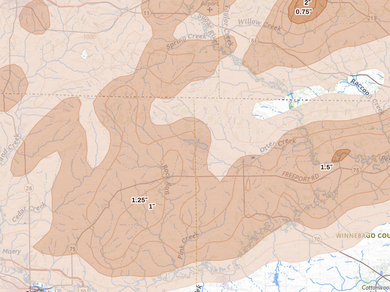 Radar-estimated hail-size map of the storm over Davis, IL on Apr 17, 2026