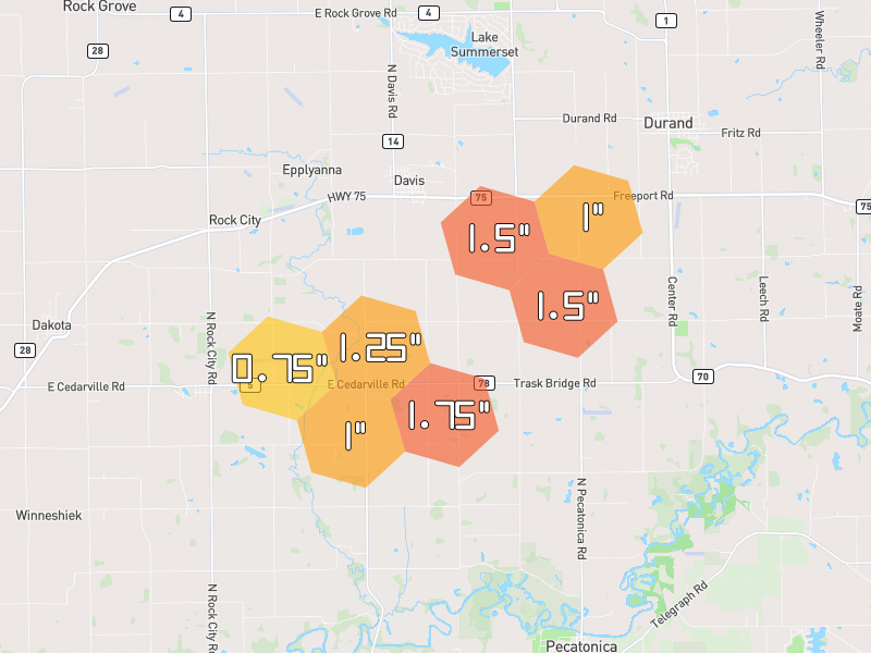 Hail map of Davis, IL on Jul 3, 2026, hail up to 1.75"