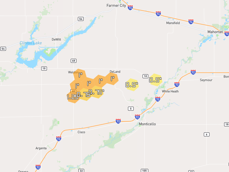 Hail map of De Land, IL on Jul 4, 2026, hail up to 1.25"