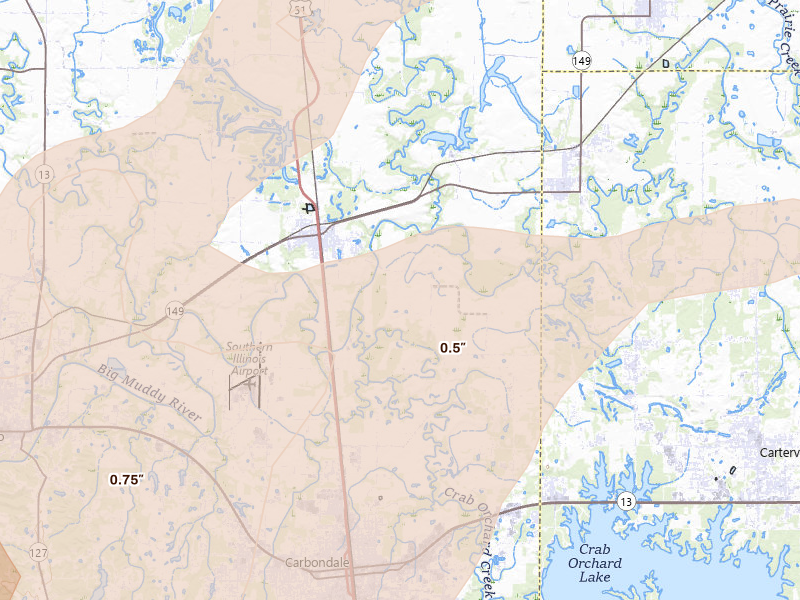 Radar-estimated hail-size map of the storm over De Soto, IL on Apr 27, 2026