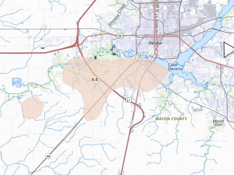 Radar-estimated hail-size map of the storm over Decatur, IL on Mar 3, 2026