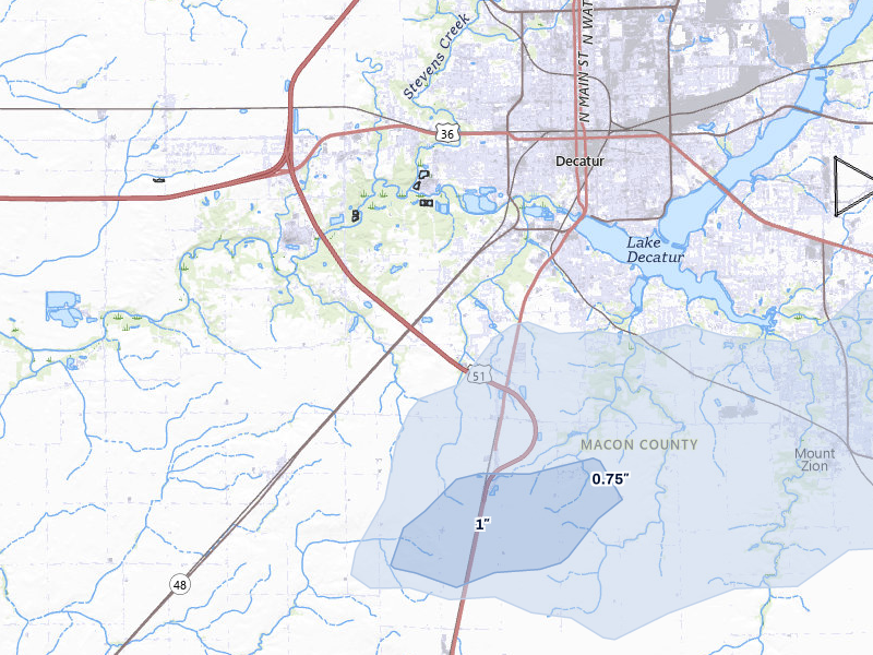 NEXRAD radar-signature map of the hail over Decatur, IL