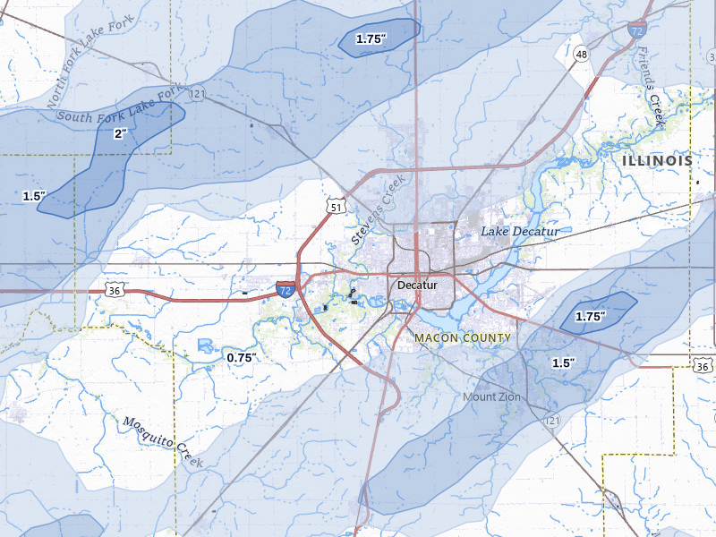 NEXRAD radar-signature map of the hail over Decatur, IL