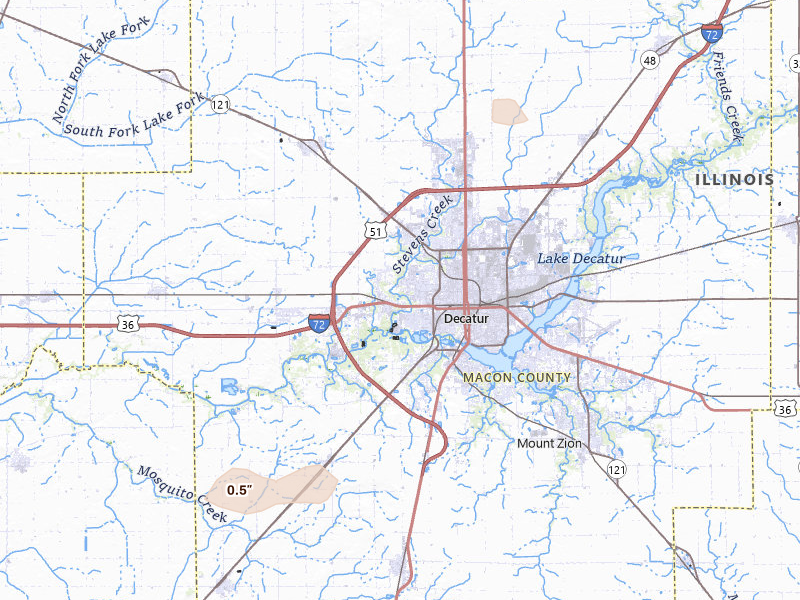 Radar-estimated hail-size map of the storm over Decatur, IL on May 4, 2026
