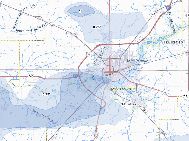 NEXRAD radar-signature map of the hail storm over Decatur, IL on May 4, 2026