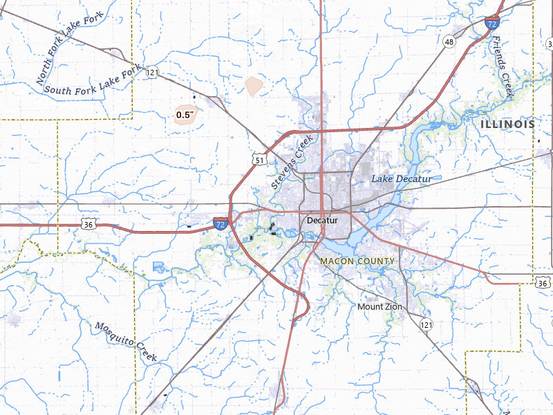 Radar-estimated hail-size map of the storm over Decatur, IL on Jun 10, 2026