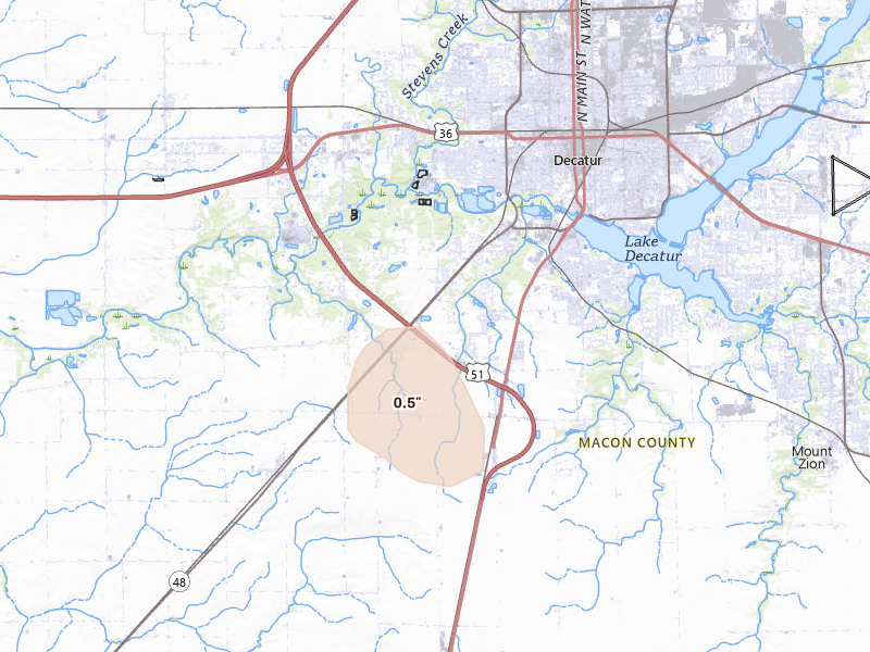 Radar-estimated hail-size map of the storm over Decatur, IL on Jun 11, 2026