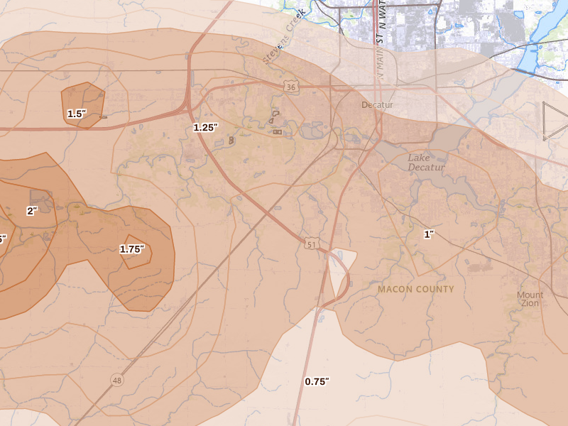 Radar-estimated hail-size map of the storm over Decatur, IL on Jun 17, 2026
