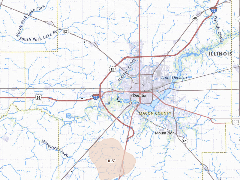 Radar-estimated hail-size map of the storm over Decatur, IL on Jul 3, 2026