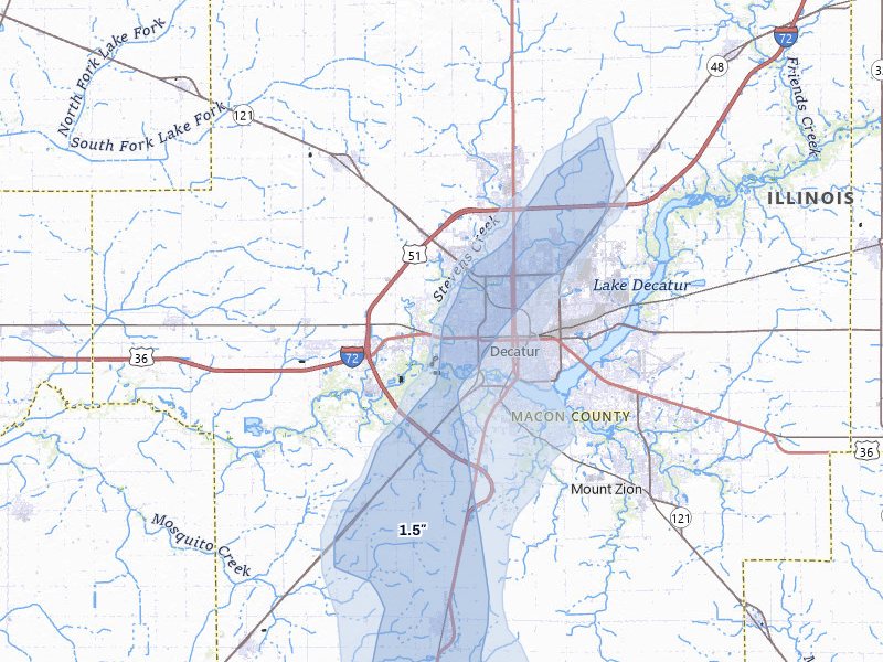 NEXRAD radar-signature map of the hail storm over Decatur, IL on Jul 3, 2026