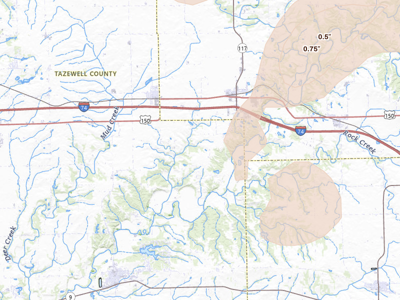 Radar-estimated hail-size map of the storm over Deer Creek, IL on Jul 4, 2026
