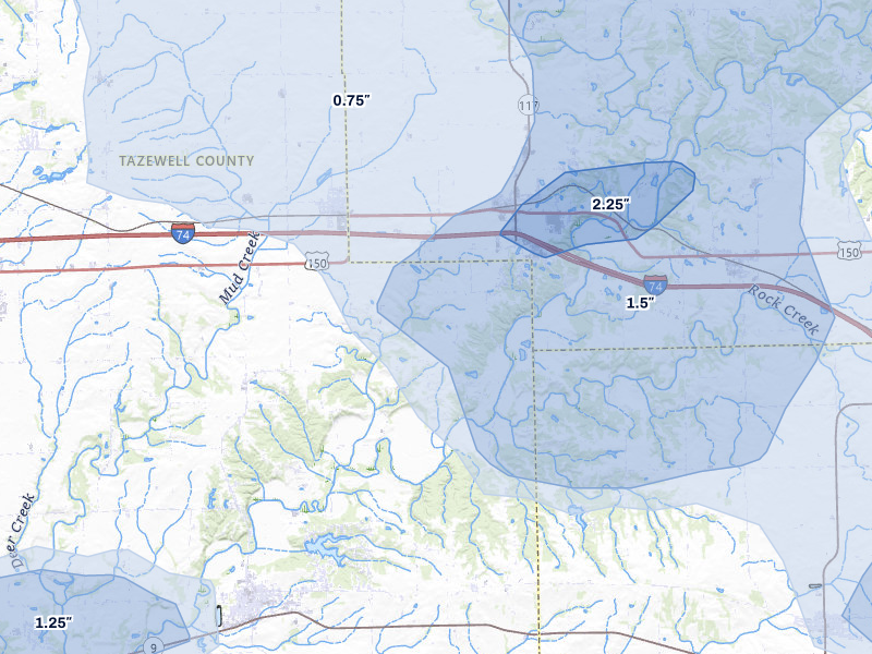 NEXRAD radar-signature map of the hail storm over Deer Creek, IL on Jul 4, 2026