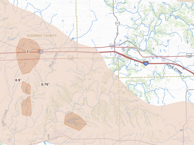 Radar-estimated hail-size map of the storm over Deer Creek, IL on Aug 13, 2026