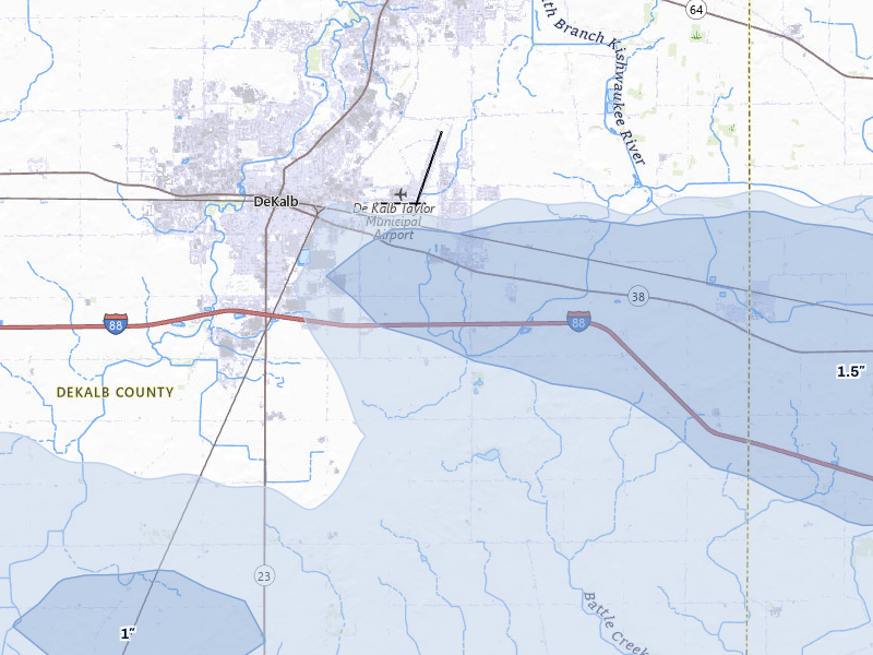 NEXRAD radar-signature map of the hail storm over Dekalb, IL on Mar 30, 2026