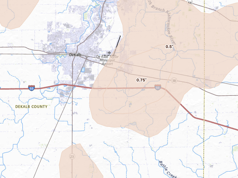 Radar-estimated hail-size map of the storm over Dekalb, IL on Jun 10, 2026