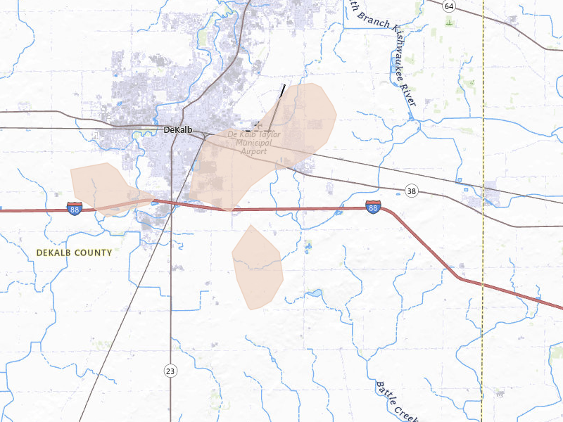Radar-estimated hail-size map of the storm over Dekalb, IL on Jul 3, 2026