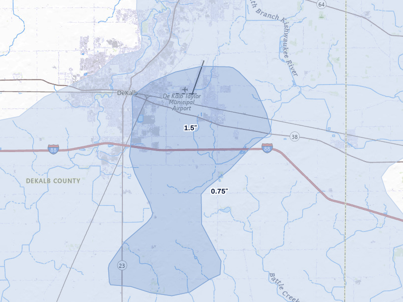 NEXRAD radar-signature map of the hail storm over Dekalb, IL on Jul 3, 2026