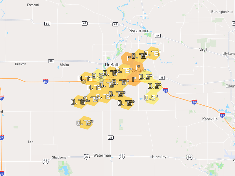 Hail map of DeKalb, IL on Jul 3, 2026, hail up to 1"