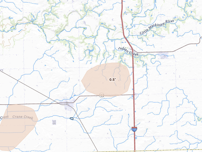 Radar-estimated hail-size map of the storm over Delavan, IL on Mar 6, 2026