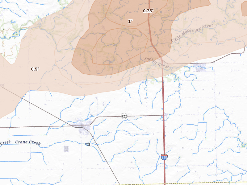 Radar-estimated hail-size map of the storm over Delavan, IL on Apr 3, 2026