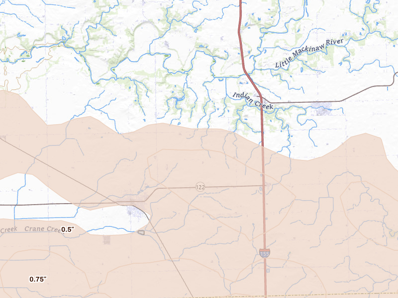 Radar-estimated hail-size map of the storm over Delavan, IL on Jun 17, 2026