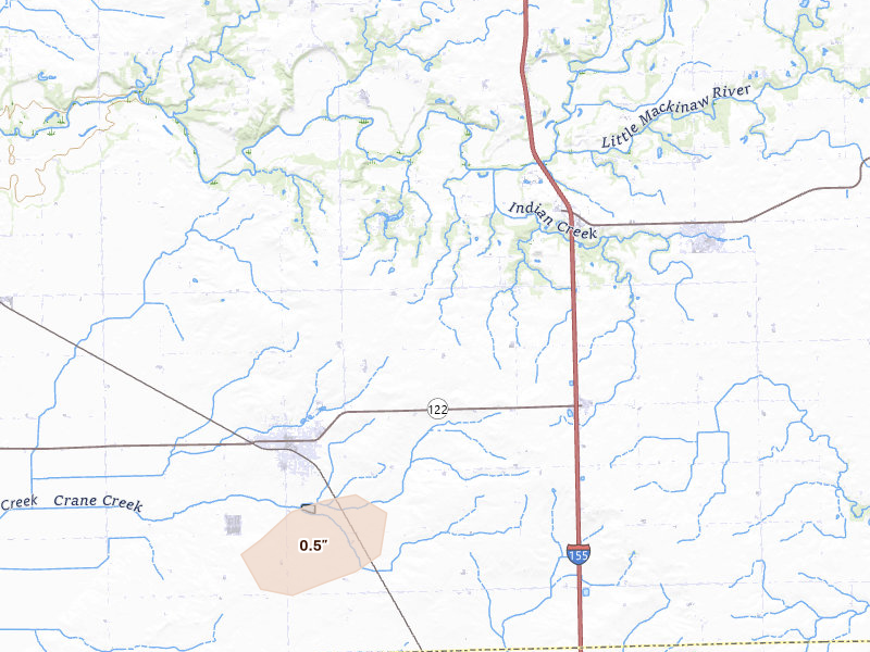 Radar-estimated hail-size map of the storm over Delavan, IL on Jul 3, 2026