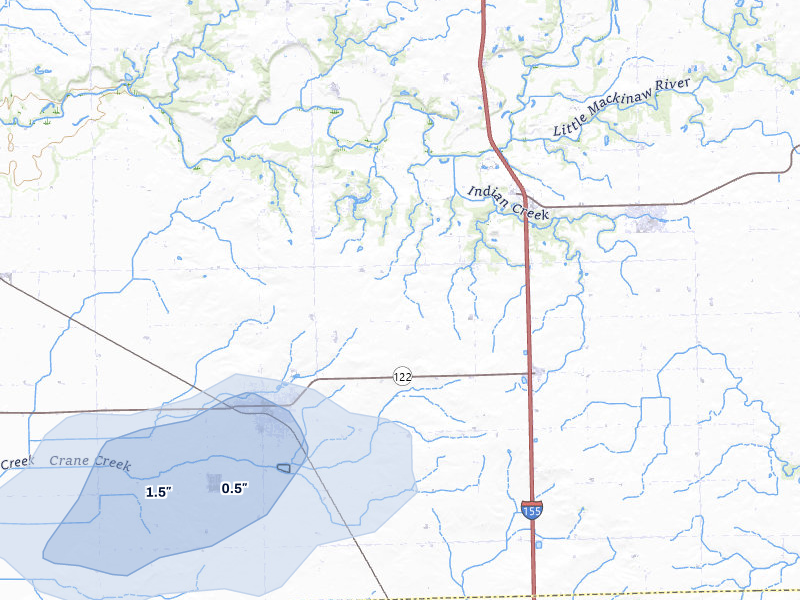 NEXRAD radar-signature map of the hail storm over Delavan, IL on Jul 3, 2026