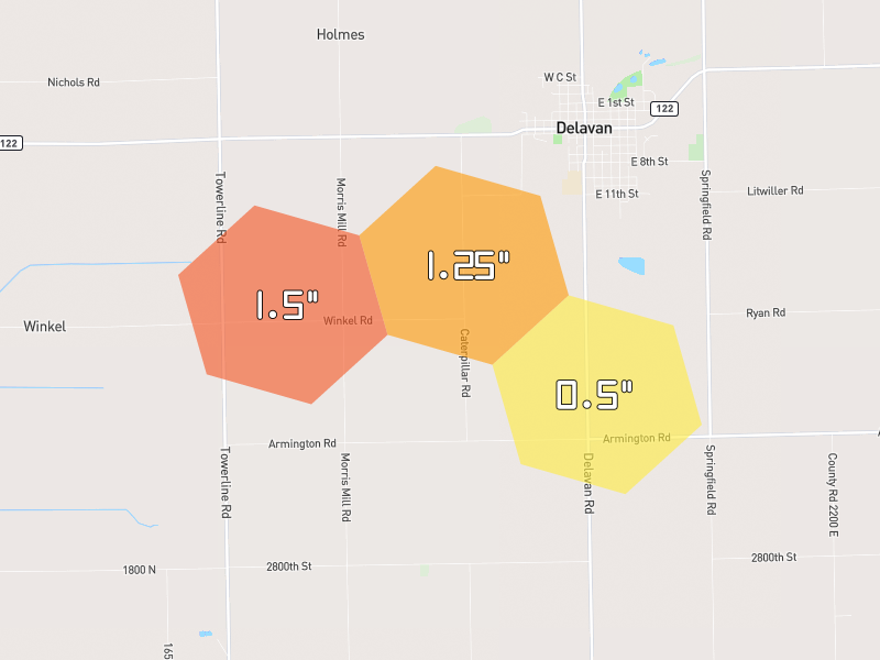 Hail map of Delavan, IL on Jul 4, 2026, hail up to 1.5"